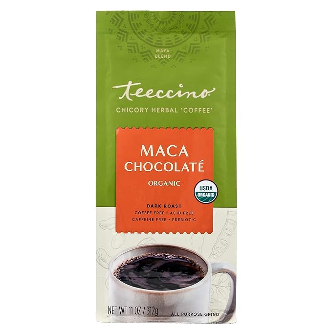 Teeccino Maca Chocolaté Chicory Coffee Alternative - Ground Herbal Coffee That’s Prebiotic, Caffeine Free & Acid Free, Dark Roast, 11 Ounce (Pack of 3)
