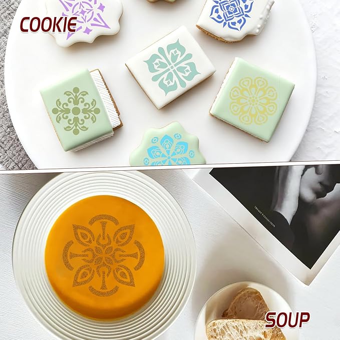 25 Pcs Scroll Tile Cookie Stencils, Reusable Floral Baking Stencils for Cake Decorating Royal Icing DIY Biscuit Painting Coffee and Dessert Design Tools, 6x6 Inch
