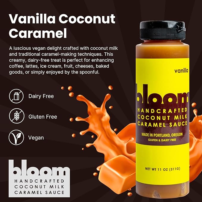Bloom Caramel Vanilla Coconut Caramel Sauce – Vegan, Dairy-Free Dessert Topping, Small Batch Artisanal Quality, Made with Premium Ingredients, Perfect for Coffee, Ice Cream, and Baking – 11oz