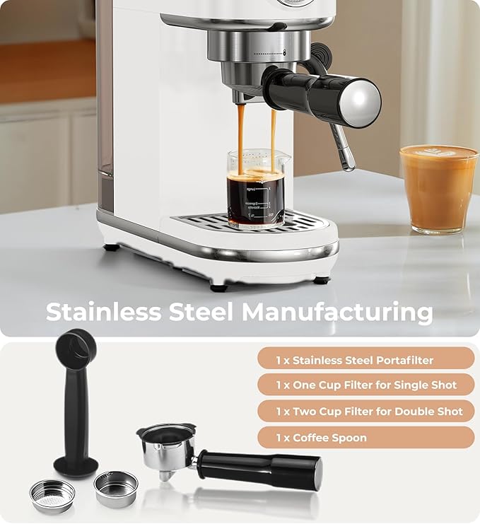 20 Bar Espresso Machine with Milk Frother, Professional Compact Espresso Maker, Stainless Steel Coffee Machine with Precise Temp Control & 44oz Removable Water Tank for Latte, Cappuccino, White