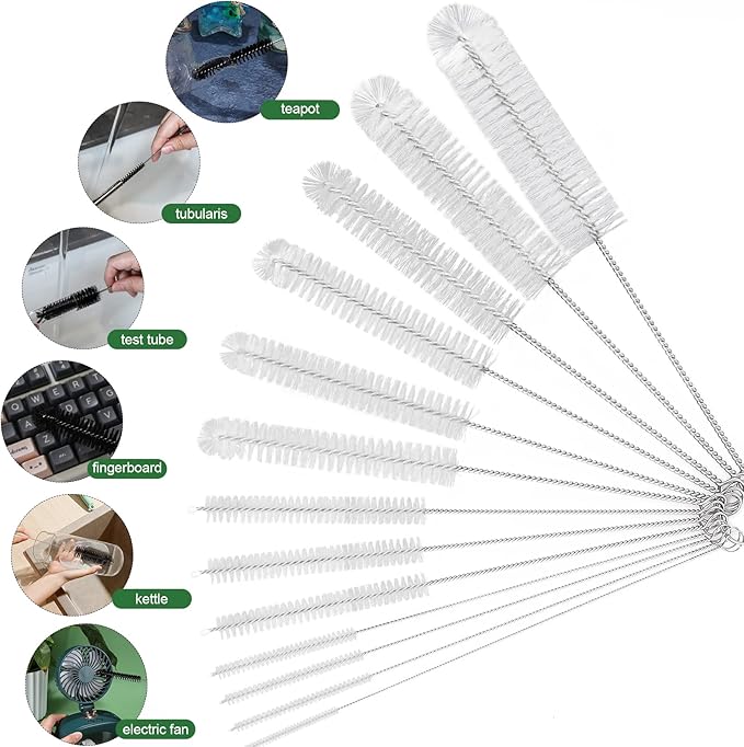 CiaraQ Bottle Cleaning Brushes, 8 Inch Nylon Tube Brush Set, Cleaner for Narrow Neck Bottles Cups with Hook, Set of 13pcs, White