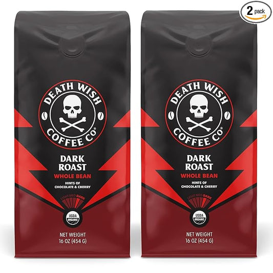 Death Wish Coffee, Whole Bean Dark Roast - USA Organic Coffee Beans Bundle/Bulk - Fair Trade Arabica & Robusta - 16 Ounce (Pack of 2)