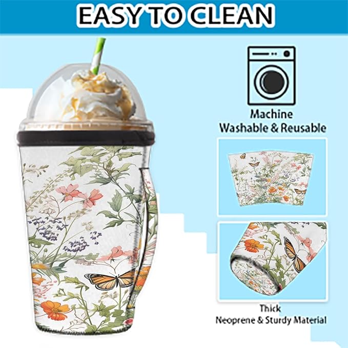 Reusable Iced Coffee Cup Sleeve Spring Flowers Butterfly Neoprene Insulated Sleeves Cup Holder with handle Idea for 16oz - 18oz