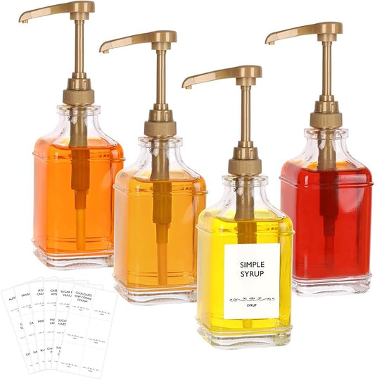 SZUAH 16oz Coffee Syrup Dispenser with Pumps 4pack(480ml), Leak-Proof Syrup Dispensers for Coffee Bar, Kitchen Use with Stickers