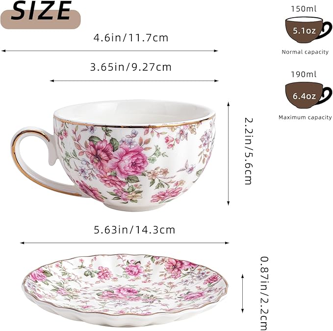 Tea Cup and Saucers, 6.4oz Floral Tea Cups with Gold Trim, Porcelain Teacup, Coffee Cappuccino Espresso Latte Mugs for Party Birthday,Party Cafe Home, Christmas Gift (White)