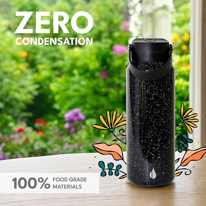Elemental 40oz Insulated Water Bottle with Straw - 100% Leak-Proof Stainless Steel Core Water Bottles for Travel, Sports and Gym - Double Wall Insulation & BPA Free - Black Speckle