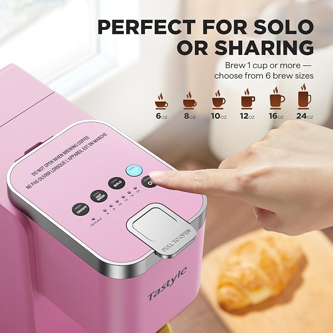 Tastyle Single Serve Coffee Maker, Iced and Hot Coffee Machine for K Cup & Grounds, Compact Design, 40oz Removable Water Reservoir, 6 to 24 Oz Brew Sizes, Fits 7.3" Travel Mug, Pink