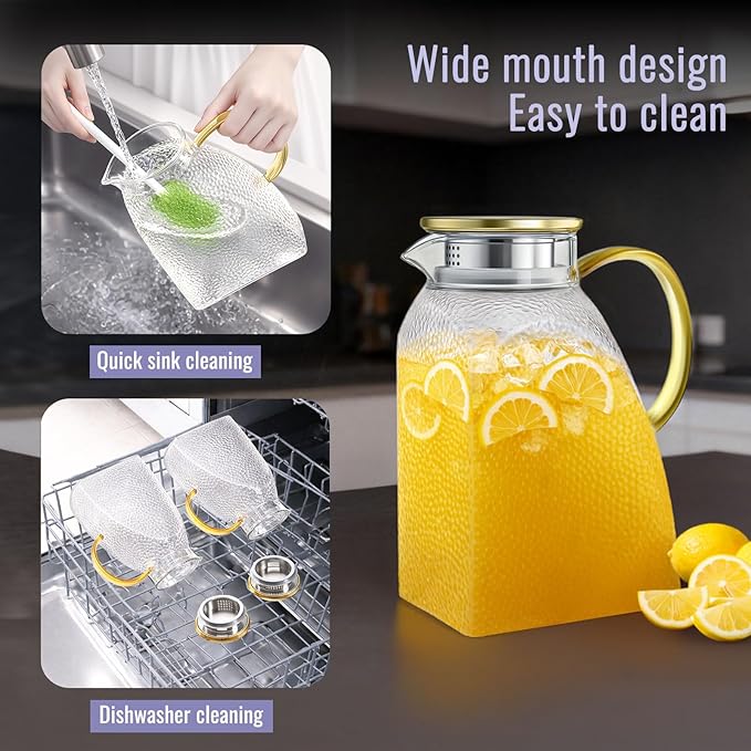 Glass Pitcher With Lid and Spout, 1.8 Liter 60 oz Glass Pitchers With Handle And Lid, Jug Water Pitchers For Fridge, Carafe Jar for Hot/Cold Water Iced Tea Juice Coffee Milk Beverage