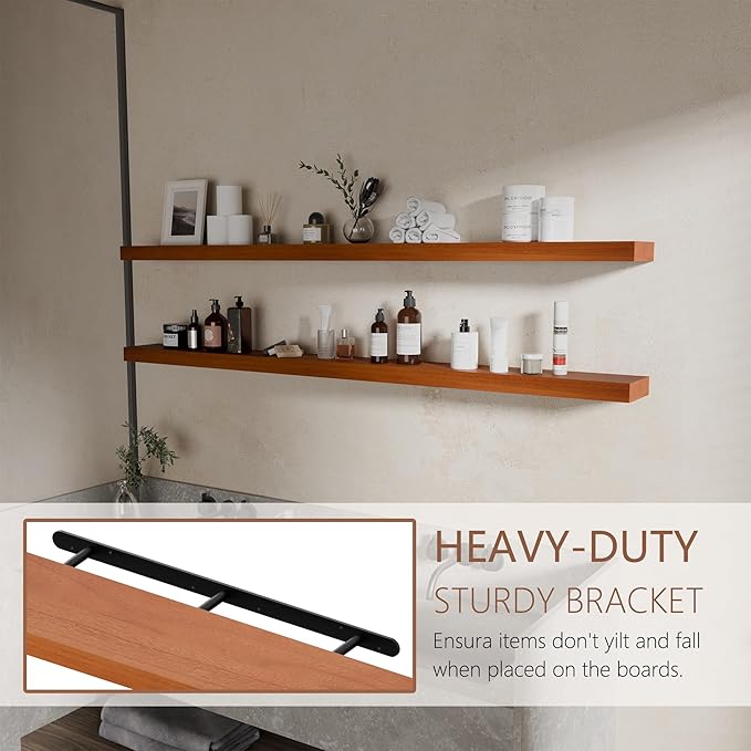 60 inch Long Floating Shelves for Wall,Solid Wood Long Shelves Set of 2,Orange Rustic Wall Mounted Shelves with Heavy Duty Brackets (Orange, 60 Inch)