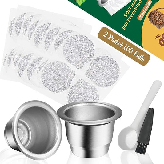 CAPMESSO Reusable Capsules for Nespresso OriginalLine, Refillable Coffee Pods Stainless Steel Cups Compatible with Nespresso OriginalLine Brewer(2 Pods+100 Lids)