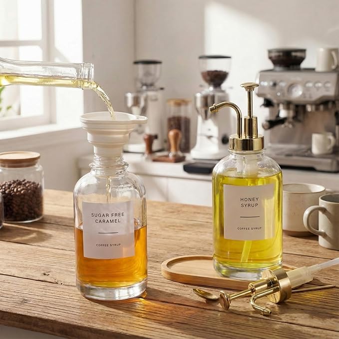 Remerry 2 Pcs Coffee Syrup Dispenser 16.9oz 500ml Glass Syrup Dispenser with 4 Spoons, 36 Labels and Bamboo Tray, Glass Bottles with Pump for Coffee Accessories(Golden)
