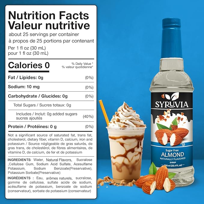 Syruvia Sugar Free Coffee Syrup, Almond Flavored Syrup for Drinks, Lattes, and Desserts – 25.4 fl oz, With Pump