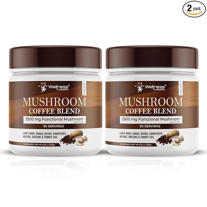 Mushroom Coffee, 90 Servings Organic Mushrooms Instant Coffea, Great Tasting Colombian Keto Coffee, 7 Superfood Mishrooms Lions Mane, Chaga, Reishi, Cordyceps, Maitake, Shiitake, and Turkey Tail - Pack of 2