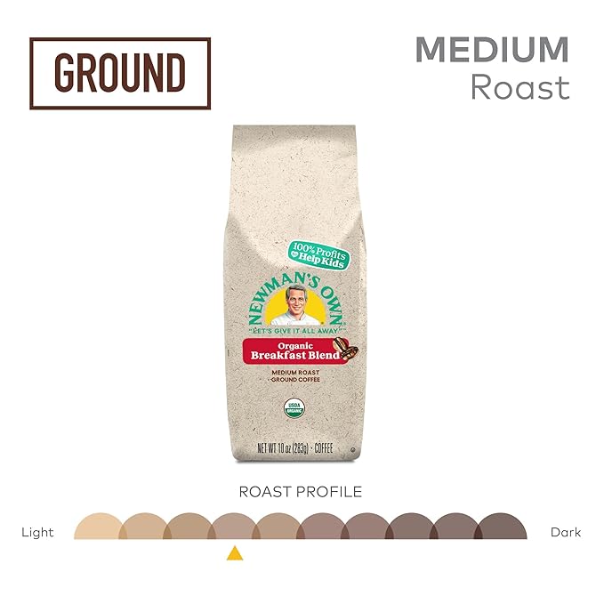 Newman's Own Organics Breakfast Blend,Ground Coffee,Fair Trade Certified,Medium Roast,Bagged 10oz,(Pack of 4)