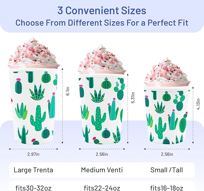 Iced Coffee Sleeve Reusable Cup Sleeves for Cold Drinks Neoprene Koozie Cozy Plastic Cup Covers for Drinks, Cactus