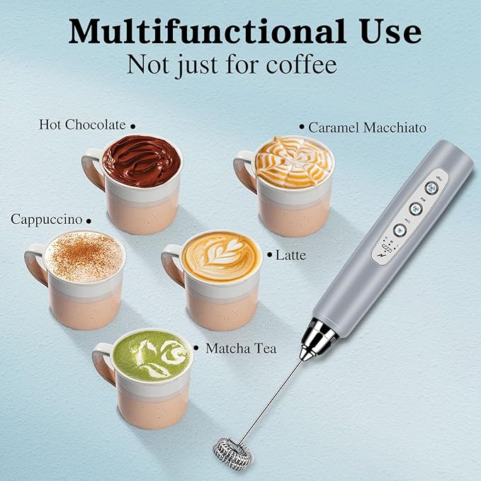 Milk Frother Handheld for Coffee, Electric Whisk 3 Speed Adjustable, Drink Mixer with Stainless 3 Whisks, Rechargeable Hand Frother Wand, Foam Maker for Latte Cappuccino Hot Chocolate Egg