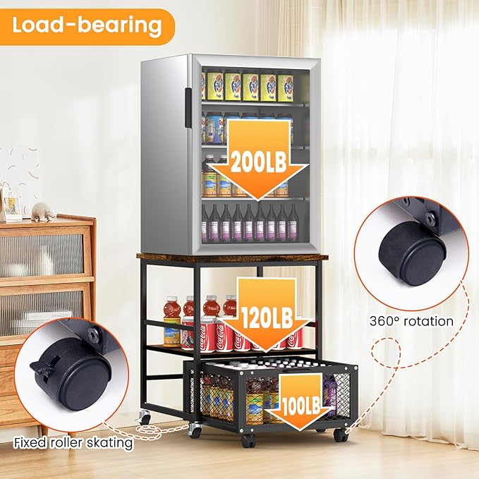 19.7x19.7in Mobile Mini Fridge Stand with 3 Storage,Small Beverage Refrigerator Table with Wheels Rolling Compact Drawer Cart,Great for Dorm Home Office, Printer Stand, Coffee Table