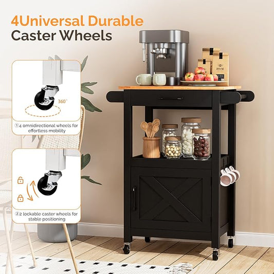 VINGLI Small Kitchen Island Cart on Wheels with Storage, Rolling Kitchen Island with 1 Drawer & 1 Shelf, Towel Rack & Cabinet, Kitchen Island Cart with Storage, Black