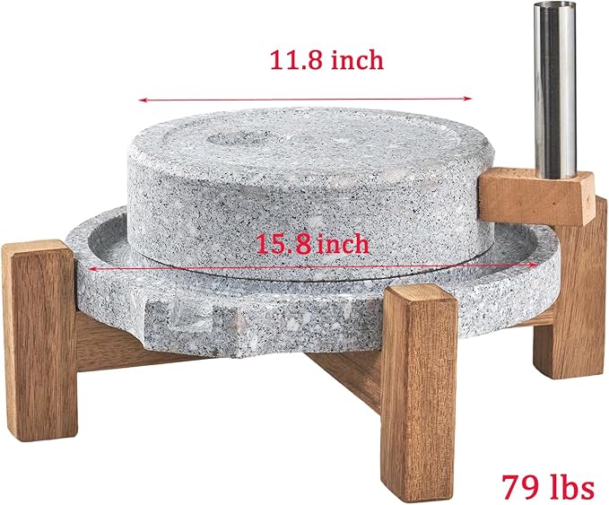 Stone Grain Mill - Manual Flour Mill with Stable Wood Base, Natural Granite Stone Grinder Mill for Dry & Wet Use, Home Kitchen Tool (11.8 x 15.8 inch)