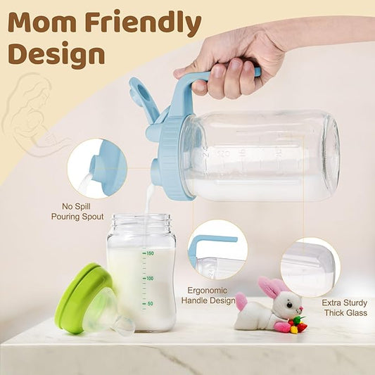 Breast Milk Pitcher with Leak Proof Flip Cap & Pour Spout, 32 oz Wide Mouth Mason Jars for Breast Milk Storage Container, Glass Picther with Lid for Cold Brew Coffee, Sun Tea, Juices, Blue