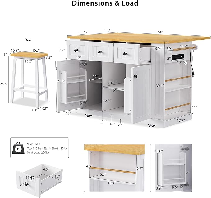 Rolling Kitchen Island with 2 Bar Stools, Drop Leaf & Power Outlet, Large Kitchen Islands Cart on Wheels, Movable Kitchen Island with 5 Open Shelves & Towel Rack for Kitchen, Dining Room, 53″, White