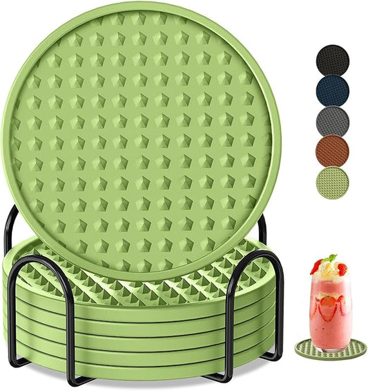 Coasters for Drinks 6 Pack Drink Coaster with Holder,Heat Resistant Silicone Cup Mat Tabletop Protection,Non-Slip Rubber Coasters for Kinds of Cups (Green)