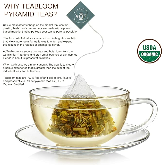 Teabloom Mother’s Bouquet Gourmet Tea Gift – Herbal Assortment with 12 Organic Plant-Based Pyramid Sachets, Caffeine-Free & Kosher, Elegant Presentation Box for Tea Lovers
