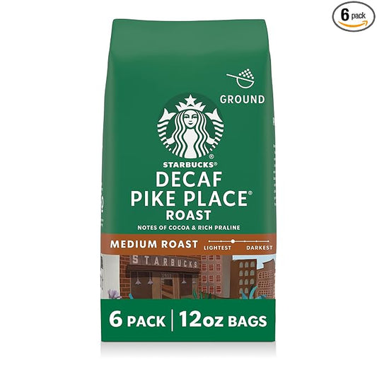 Starbucks Ground Coffee, Medium Roast Hot or Iced Coffee, Decaf Pike Place Roast, Six 12 oz Bags