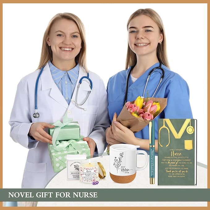 4 Pcs Nurse Gifts Set Nurse Week Appreciation Gifts Notebook Coffee Mug Scented Candle Ballpoint Pen for Coworker Employee Medical Assistant Women Men