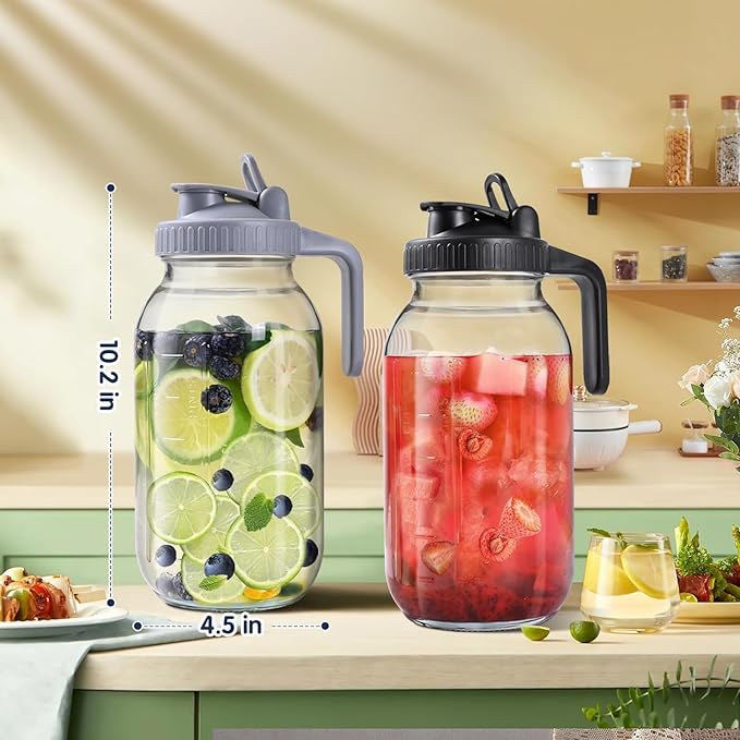 64OZ Glass Pitchers with Lid, Wide Mouth Water Jugs, Leak-Proof Airtight Mason Jars for Cold Brew Coffee, Iced tea, Milk, Food Storage, Sun Tea Jar，Set of 2.