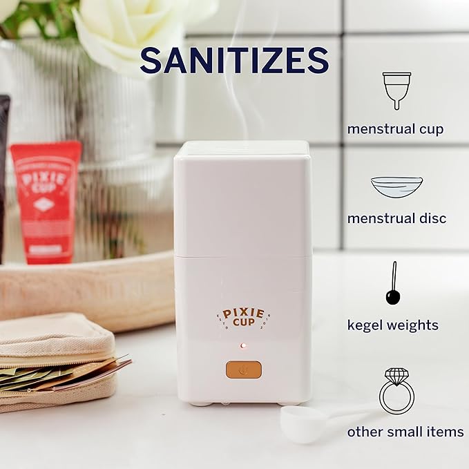 Pixie Menstrual Cup Steam Cleaner - Wash Your Cup + Kill 99.9% of Germs with Cleanser Steam for Feminine Care - 3 Minutes and Your Period Cup is Sterile! Automatic Shut Off - FSA Eligible (White)