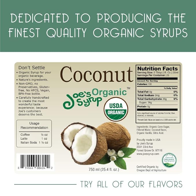 Joe’s Syrup Organic Flavored Syrup, Organic Coconut, 750 ml