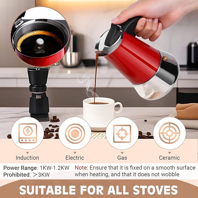 Suiitat Moka Pot, 4 Cups (7.1 oz) Stovetop Espresso Maker, 304 Stainless Steel Moka Pot, Induction Compatible, Red