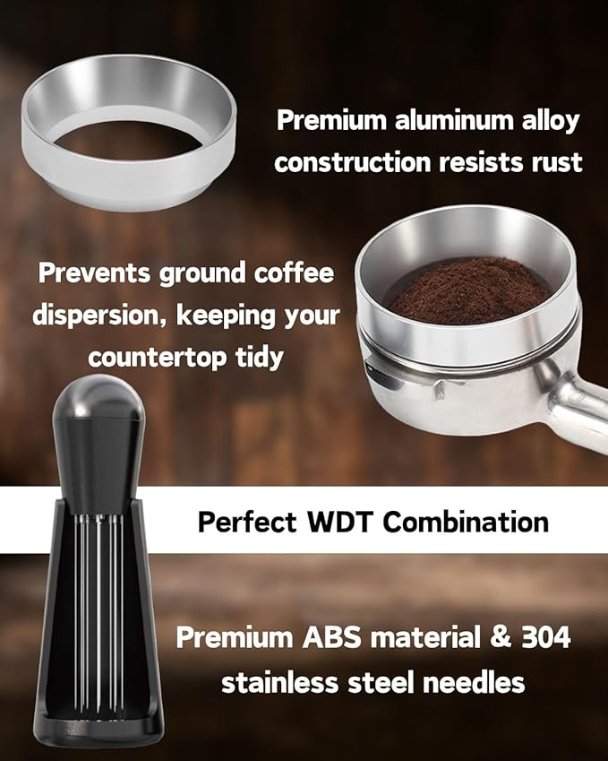 Espresso Tamper Double Spring Loaded 51/53mm with WDT Tool Espresso Accessories Kit, Stainless Steel Corrugated Base, Dosing Funnel, Tamper Mat (51mm)