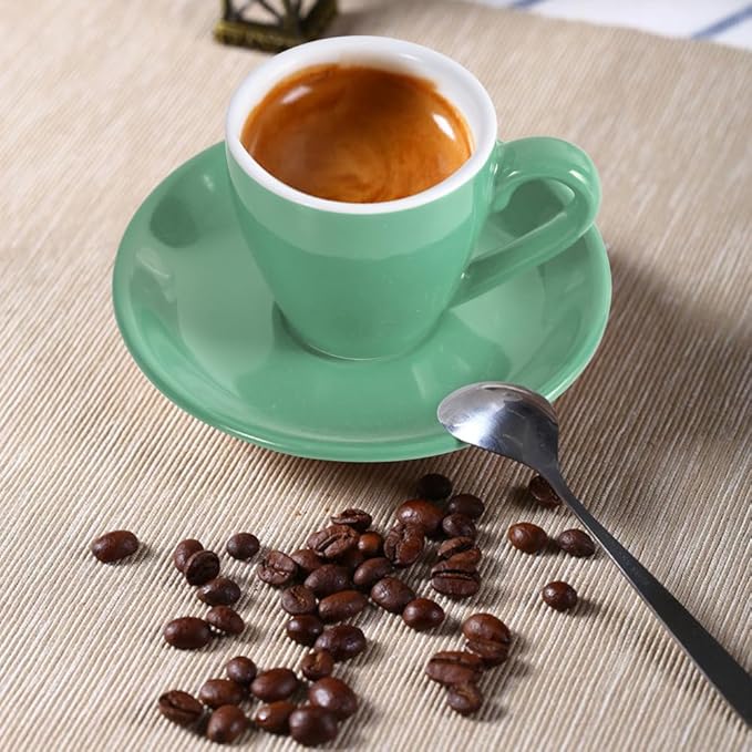 ionEgg Porcelain Espresso Cup with Saucer And Stainless Steel mini Spoons, Espresso shot Cup, 80ml/2.7Oz, Pack of 2, Cyan