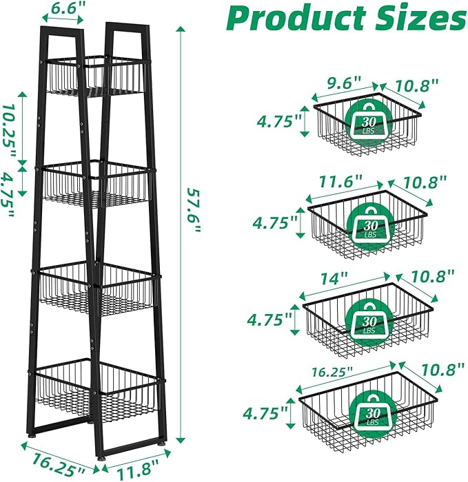 Simple Trending 4 Tier Wire Market Basket Standw, Fruit Basket Storage Stand for Vegetables, Bread, Onions, Potatoes, Black