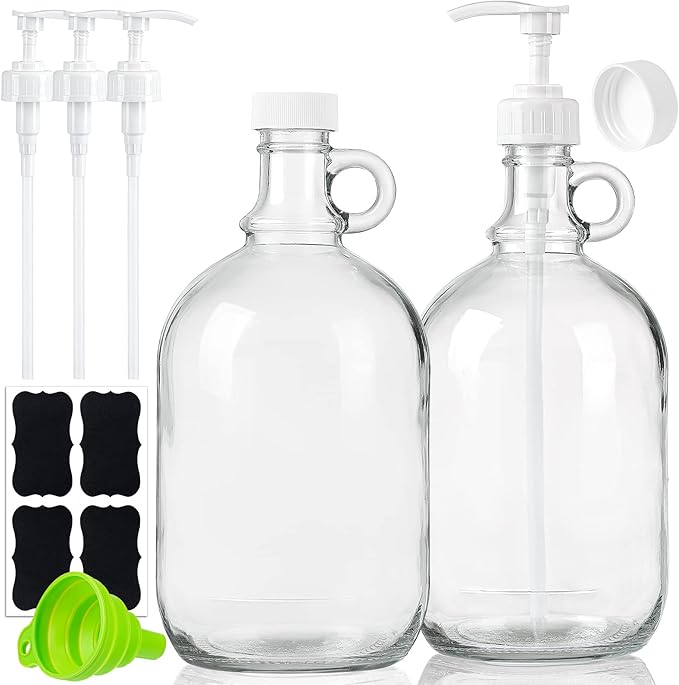 2 Pack 64 Oz Laundry Detergent Dispenser with Pump and Lid - Half Gallon Glass Pump Bottle for Laundry Soap Dispenser, Liquid Detergent, Fabric Softener Dispenser - Extra Label, Funnel
