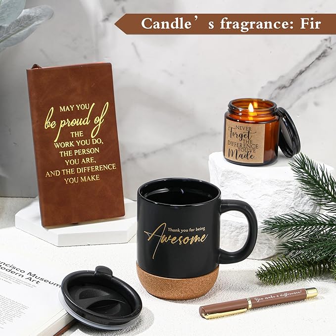 4 Pcs Thank You Gift Set for Men Women Employee Coworker Gifts Inspirational Appreciation Notebook Coffee Mug Scented Candle Pen for Valentine's Day Team Office Staff Teacher Nurse Volunteer