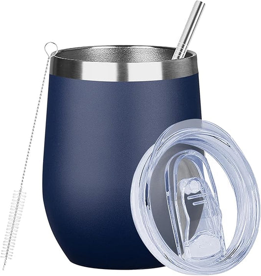 MEZMUT 12 Oz Insulated Wine Tumbler with Lid Double Wall Vacuum Stainless Steel Wine Glass Coffee Mug Insulated Tumbler Cup for Champaign, Cocktail, Beer (Navy, 1 Pack)