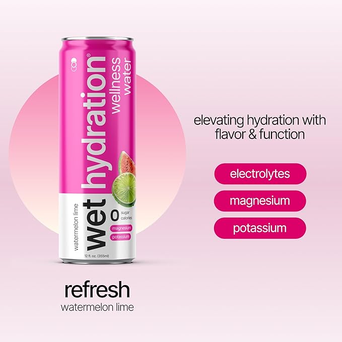Wet Hydration | Functional Wellness Water, Non-Carbonated - Watermelon Lemon Lime (12 Ounce Cans, Pack of 12) - Flavored Water, Hydration Drink, No Sugar, No Artificial Ingredients, Zero Calories