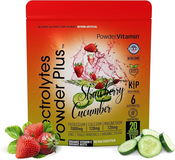 PowderVitamin Electrolytes Powder Plus (20 Servings) Strawberry Cucumber Electrolyte Powder Zero Calorie Keto,0Sugar,No Maltodextrin,1000mg Potassium,120mg Calcium,120mg Magnesium, Pink Himalayan Salt