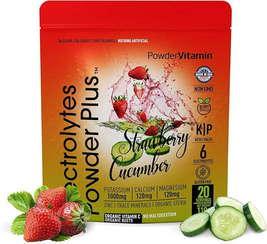 PowderVitamin Electrolytes Powder Plus (20 Servings) Strawberry Cucumber Electrolyte Powder Zero Calorie Keto,0Sugar,No Maltodextrin,1000mg Potassium,120mg Calcium,120mg Magnesium, Pink Himalayan Salt