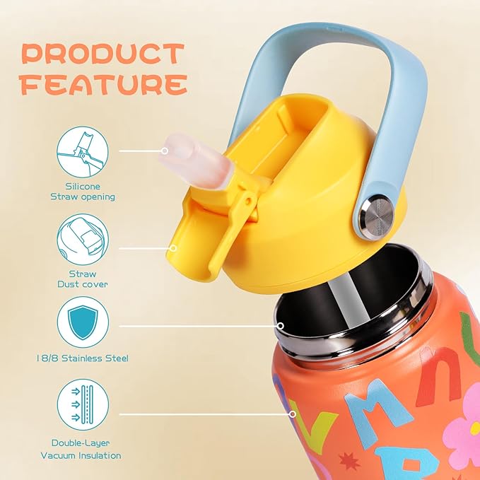 Kids Insulated Water Bottle with Straw Lid, 12 oz BPA-FREE Double Wall Vacuum Tumbler 18/8 Stainless Steel Leak Proof Kids Cups with Straw for School Travel Boys Girls (Orange Letters)