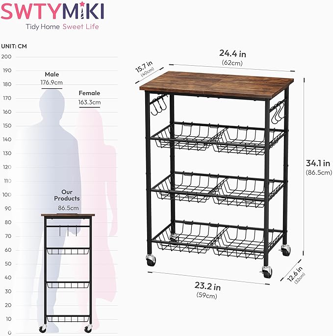 SWTYMIKI Rolling Kitchen Storage Cart - 4 Tier Microwave Table Stand with 6 Storage Baskets, Coffee Bar with Wheels, Kitchen Utility Cart Shelf Rack Organizer for Fruit, Vegetables, Potato (Brown)