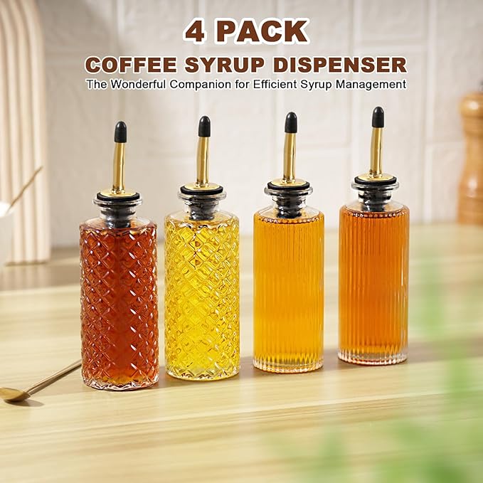 Coffee Syrup Dispenser Bottles, 4 Pack Glass Syrup Dispensers for Coffee Bar, 6.1 Fl Oz Small Maple Syrup Container Set with Golden Spoon, Vintage Oil Dispenser Bottle for Kitchen