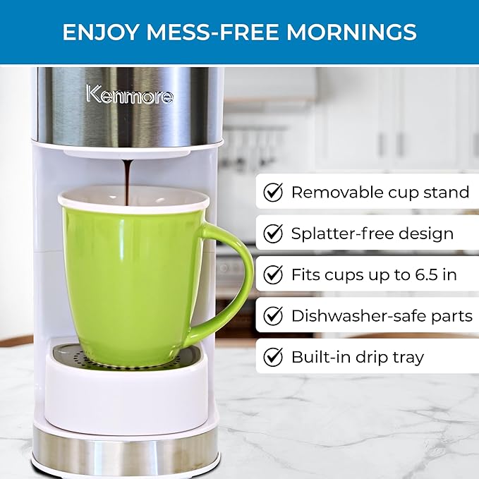 Kenmore Single Serve Coffee Maker – Compatible with Keurig K‑Cup Pods & Ground Coffee, One Cup Brewer, 6–14 Oz Brew Sizes, Travel Mug Friendly, Auto Shut‑Off, Hot & Iced Maquina de cafe, White