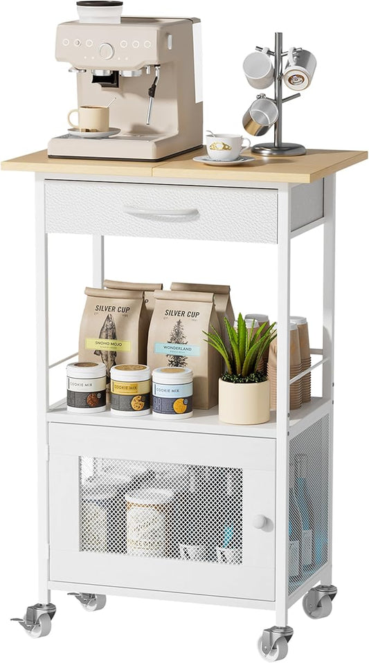 SWTYMIKI Buffets Coffee Bar Cabinet - Rolling Kitchen Rack, Farmhouse Small Coffee Stand with Storage Drawer and Door Cabinet - Kitchen Microwave Stand for Apartment, Living Room, Entryway, Natural