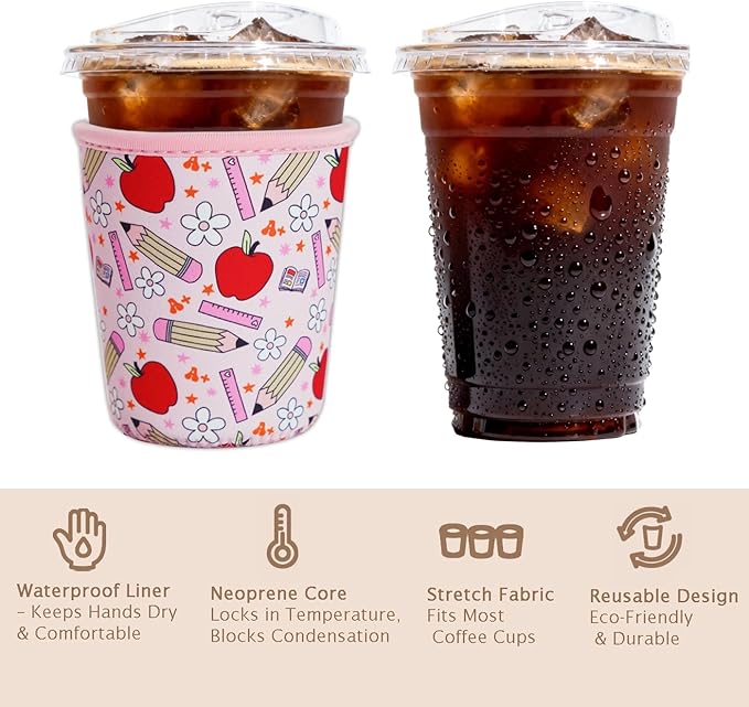 Reusable Insulated Sleeve for Iced Coffee Cup, Coffee Neoprene Sleeve for Cold & Hot Drinks, Beverage Holder for Iced Coffee (Teacher Treasure, Small: 16-18oz)