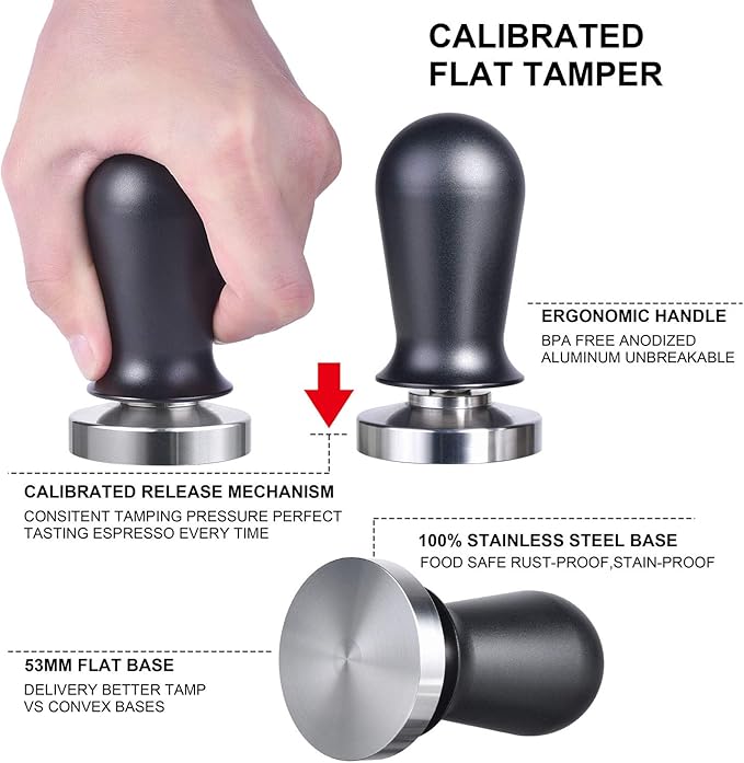 MATOW 53mm Calibrated Espresso Tamper, Calibrated Coffee Tamper with Spring Loaded Anodized Aluminum Handle Stainless Steel Flat Base, Professional Espresso Hand Tamper
