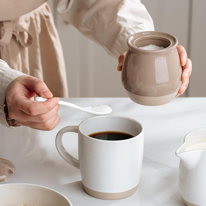 famiware Milkyway Sugar Bowl with Lid and Spoon, 10oz Ceramic Sugar Jar/Pot/Dispenser for Salt, Condiments, Spice, Seasonings, Sugar Container for Coffee Bar, Kitchen, and Countertop, Cinnamon Brown